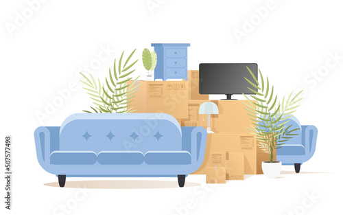 Lots of boxes and stuff. Moving house concept. Isolated on white background. Illustration in vector