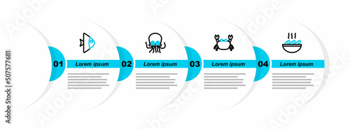 Set line Fish soup, Crab, Octopus and icon. Vector