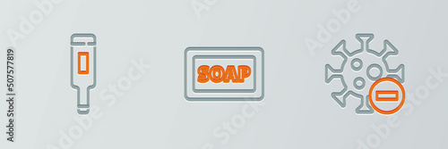 Set line Negative virus, Medical thermometer and Bar of soap icon. Vector