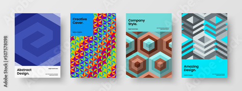 Colorful book cover A4 vector design template set. Abstract geometric pattern brochure layout composition.