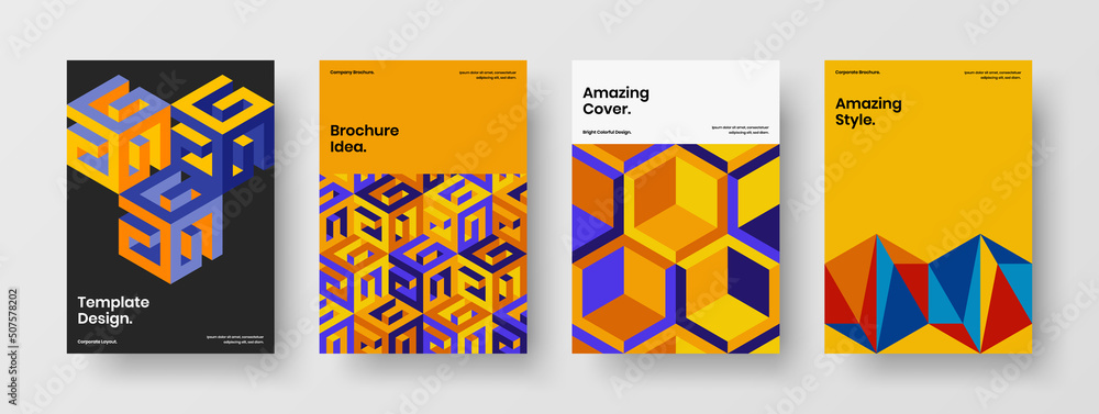Trendy mosaic hexagons leaflet template set. Fresh banner A4 vector design illustration collection.