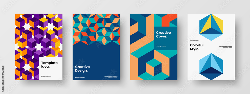 Colorful geometric hexagons handbill illustration composition. Creative presentation A4 design vector concept bundle.