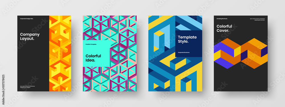 Modern catalog cover vector design template bundle. Colorful mosaic tiles company brochure layout composition.