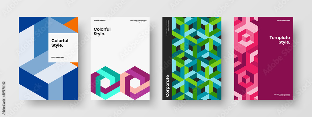 Amazing front page A4 vector design concept set. Clean mosaic hexagons corporate cover illustration collection.