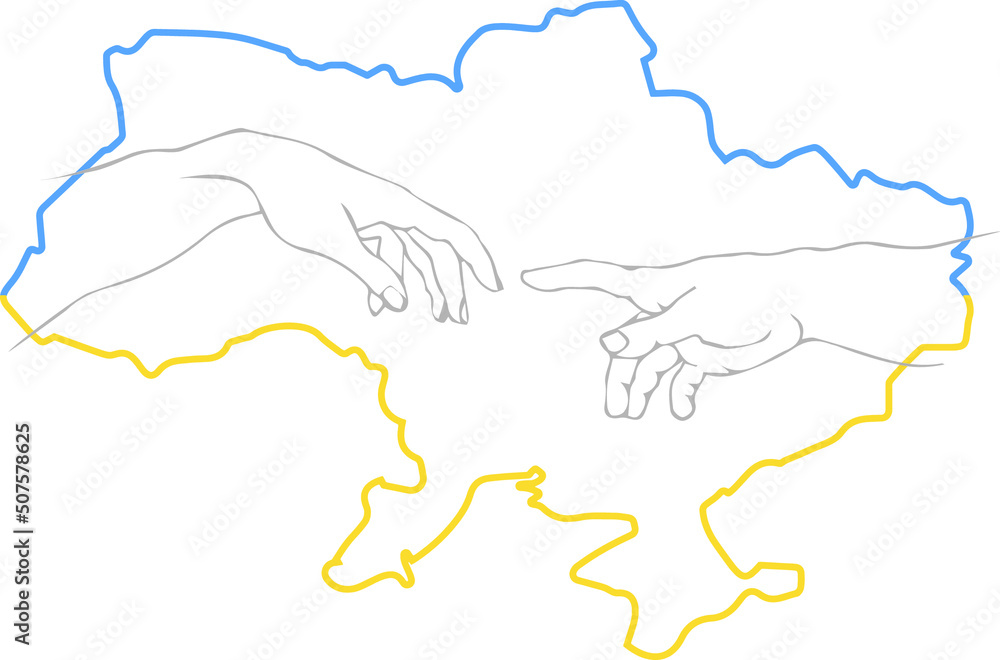 Outline map of Ukraine with hands. Blue and yellow conceptual idea. Support Ukraine. Vector illustration, isolated object, banner, template for design
