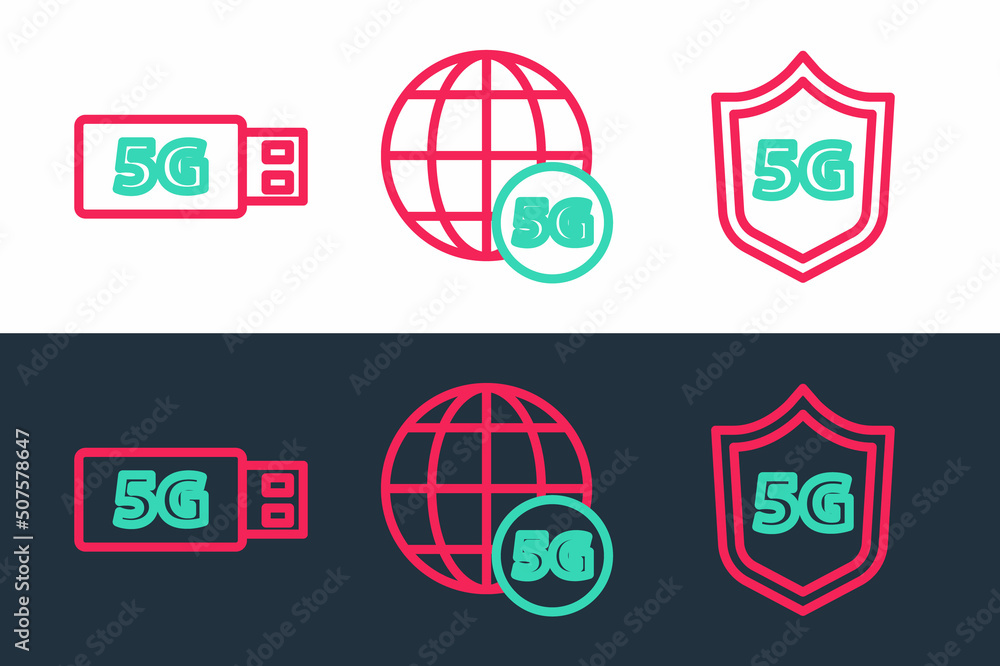 Set line Protective shield 5G, modem and network icon. Vector Set line Protective shield 5G, modem and network icon. Vector