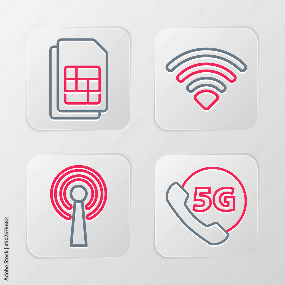 Set line Phone with 5G network, Antenna, Wi-Fi wireless and Sim card icon. Vector Set line Phone with 5G network, Antenna, Wi-Fi wireless and Sim card icon. Vector