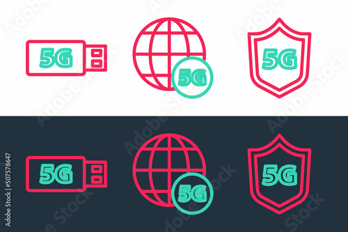Set line Protective shield 5G, modem and network icon. Vector