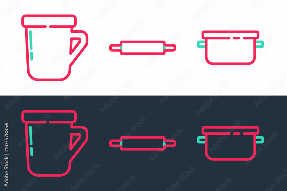 Set line Cooking pot, Coffee cup and Rolling pin icon. Vector Set line Cooking pot, Coffee cup and Rolling pin icon. Vector