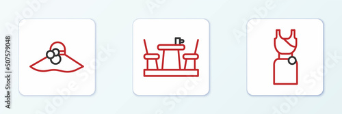 Set line Woman dress, Elegant women hat and French cafe icon. Vector