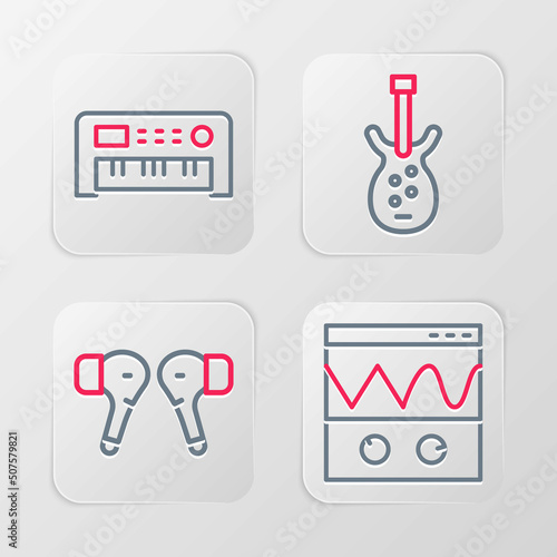 Set line Oscilloscope, Air headphones, Electric bass guitar and Music synthesizer icon. Vector