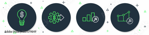 Set line Gear with dollar, Financial growth, Light bulb and icon. Vector