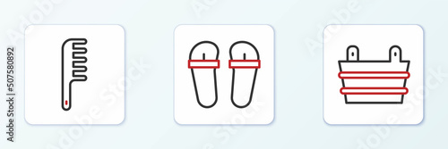 Set line Sauna bucket, Hairbrush and Flip flops icon. Vector