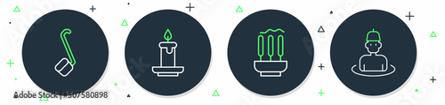 Set line Aroma candle, Incense sticks, Sauna ladle and Man in the sauna icon. Vector