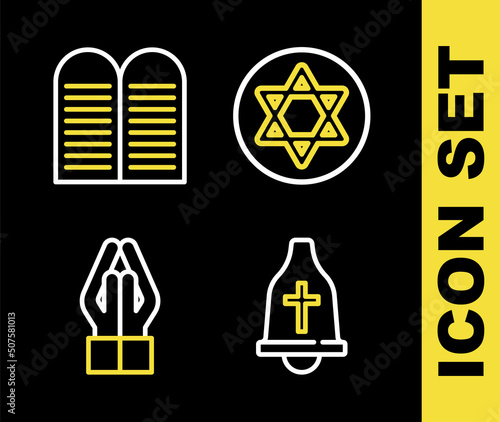 Set line Star of David, Church bell, Hands in praying position and The commandments icon. Vector