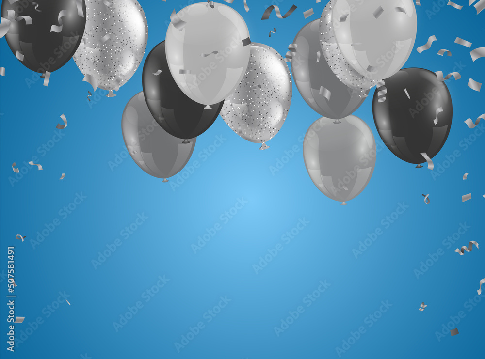 silver balloons, confetti and streamers on background. Vector