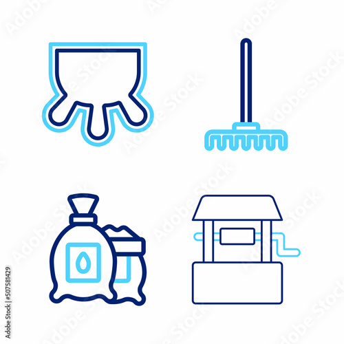 Set line Well, Pack full of seeds of plant, Garden rake and Udder icon. Vector