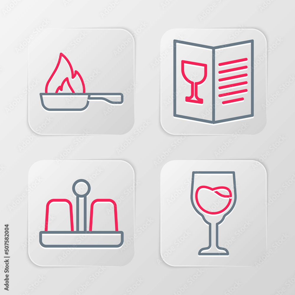 Set line Wine glass, Salt and pepper, Restaurant cafe menu and Frying pan icon. Vector