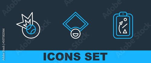 Set line Planning strategy, Baseball ball and field icon. Vector