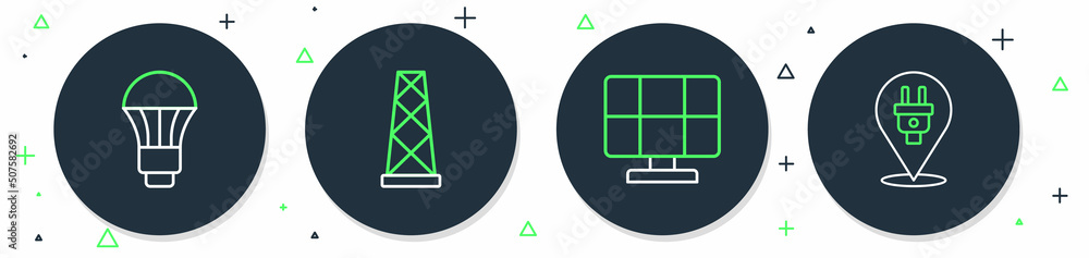 Set line Antenna, Solar energy panel, LED light bulb and Electric plug icon. Vector Set line Antenna, Solar energy panel, LED light bulb and Electric plug icon. Vector