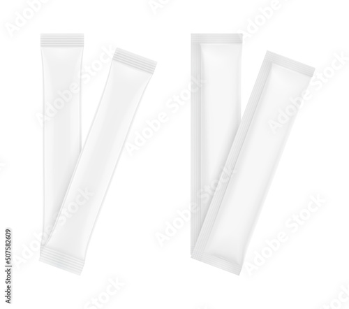 Realistic couple stick pack for products of the food and cosmetic industry on white background. Possibility use for granulated, powder and liquid products. Coffee, 3 in 1, sugar. Vector illustration	