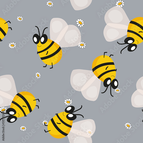 Seamless pattern with bees on floral background. Small wasp. Vector illustration. Adorable cartoon character. Template design for invitation  cards  textile  fabric. Doodle style