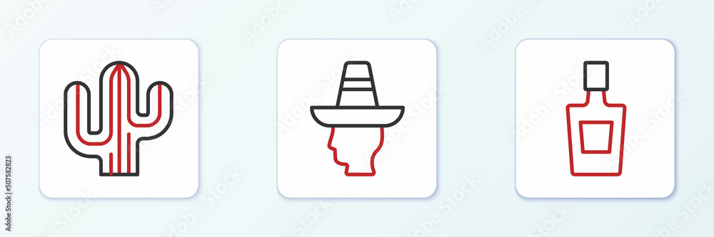 Set line Tequila bottle, Cactus and Mexican man sombrero icon. Vector Set line Tequila bottle, Cactus and Mexican man sombrero icon. Vector