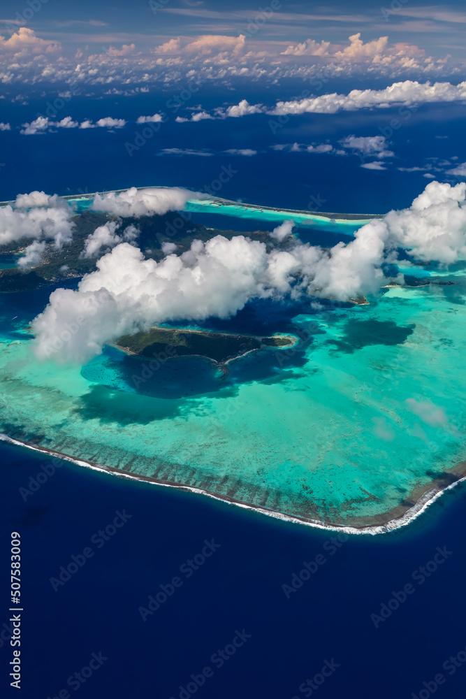 Aerial Bora Bora a luxury Tahitian Pacific Island
