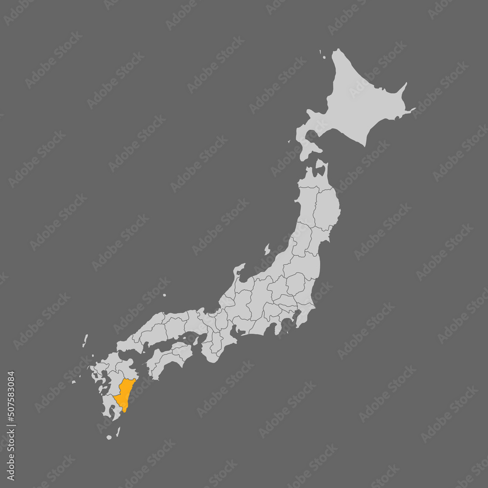 Miyazaki prefecture highlight on the map of Japan Miyazaki prefecture highlight on the map of Japan