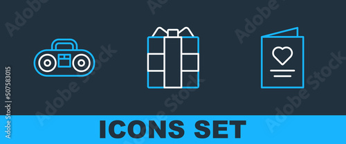 Set line Postcard with heart, Home stereo two speakers and Gift box icon. Vector