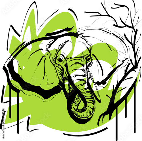 Vector bright silhouette of a elephant in flat style on colored blur