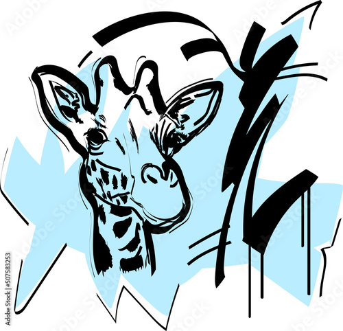 Vector bright silhouette of a giraffe in flat style on colored blur