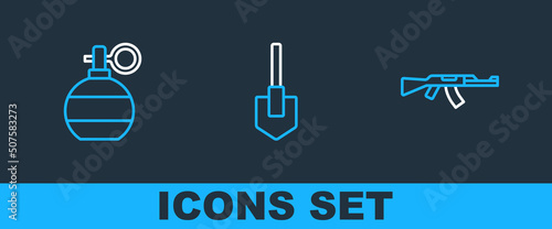Set line Submachine gun, Hand grenade and Shovel icon. Vector