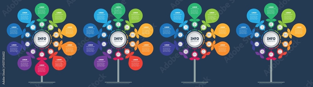 Set of Vertical infographics in the form of flowers with 5, 7, 9 and 10 parts. Business presentation with 4 processes. Development and growth of the nature-like technology in the world. Info graphics. Set of Vertical infographics in the form of flowers with 5, 7, 9 and 10 parts. Business presentation with 4 processes. Development and growth of the nature-like technology in the world. Info graphics.