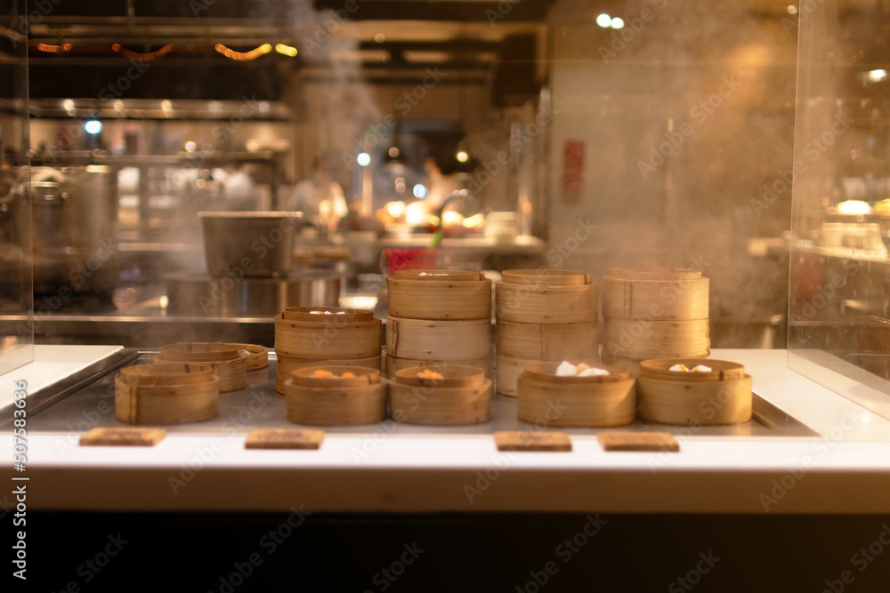 Dim sum steamers at Chinese restaurant.