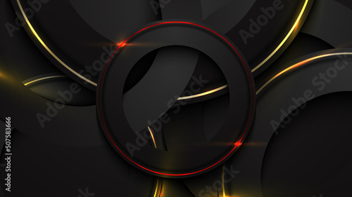Abstract elegant black circles with red and golden ring on dark background luxury style.