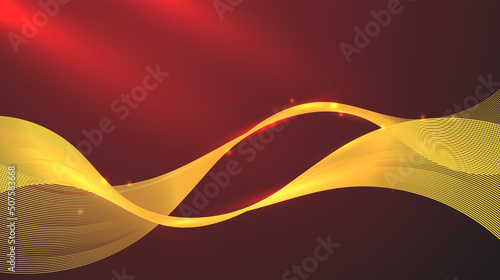 Abstract 3D shiny golden ribbon wave lines elements with glowing light on red background luxury style.