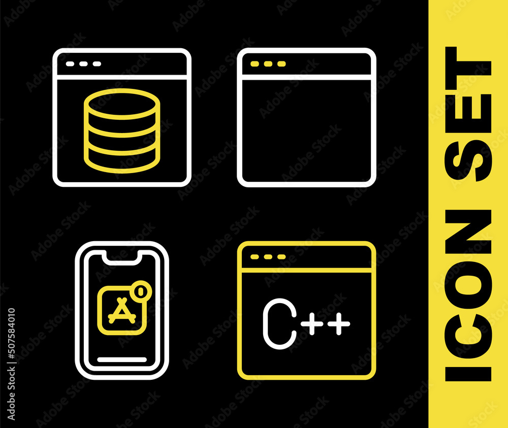 Set line Browser window, Software, Mobile Apps and Server, Data, Web Hosting icon. Vector Set line Browser window, Software, Mobile Apps and Server, Data, Web Hosting icon. Vector