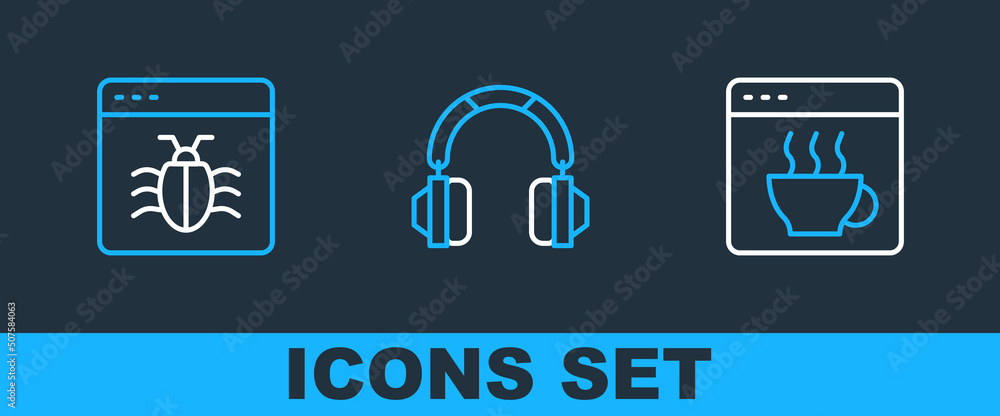 Set line Software, System bug and Headphones icon. Vector