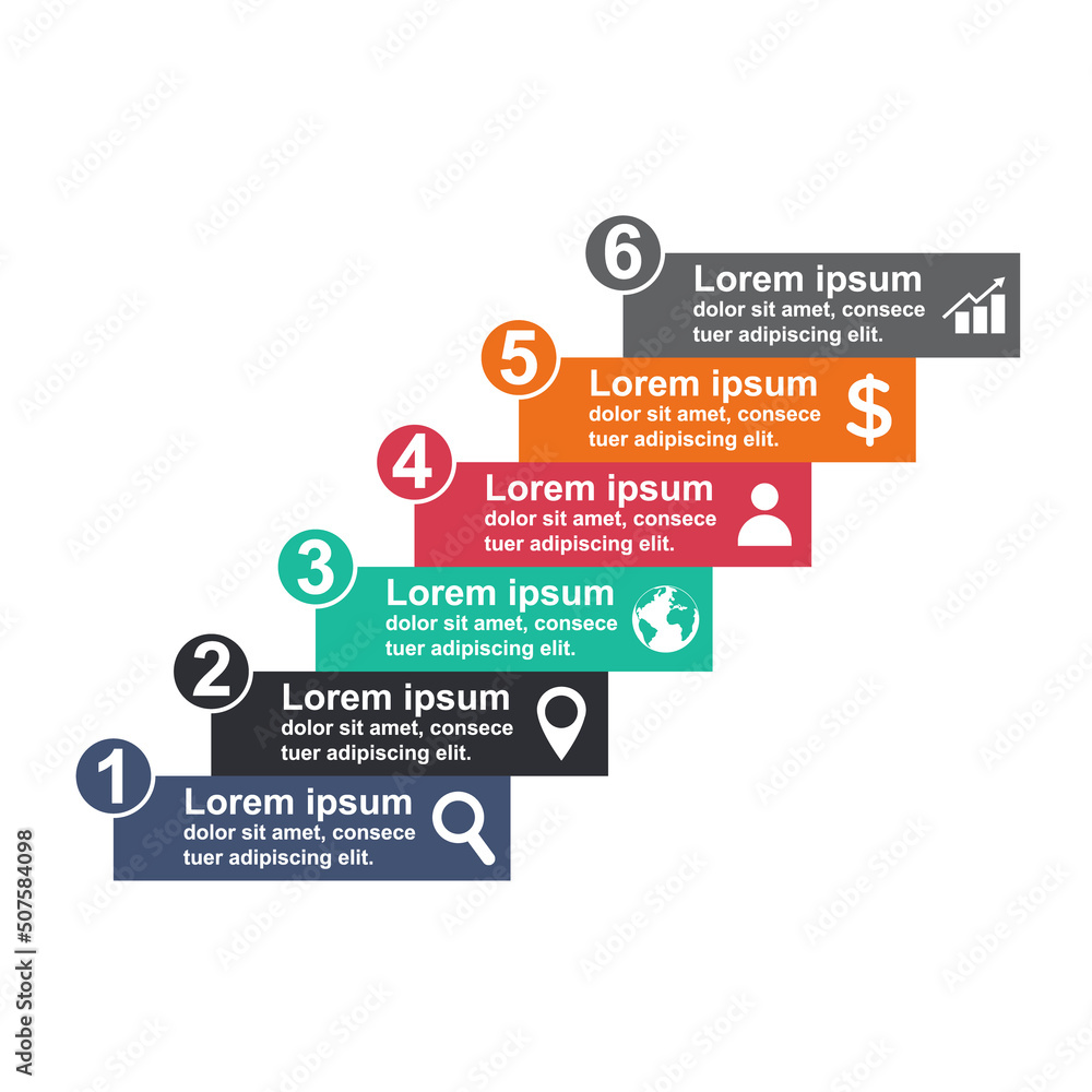 Fototapeta premium Infographic business concept design with icons and 6 steps. Simple chart presentation template. Abstract vector illustration