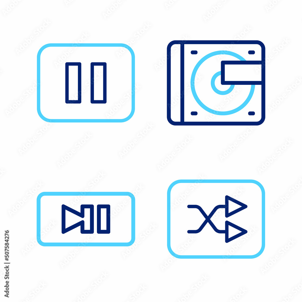 Set line Arrow shuffle, Pause button, Vinyl player with vinyl disk and icon. Vector Set line Arrow shuffle, Pause button, Vinyl player with vinyl disk and icon. Vector