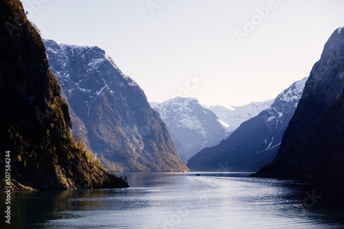 Norwegian Landscape scenic steep snow caped mountain cliffs