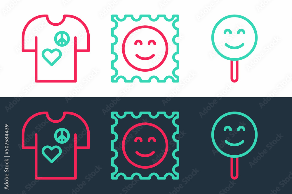 Set line Smile face, Peace t-shirt print stamp and LSD acid mark icon. Vector Set line Smile face, Peace t-shirt print stamp and LSD acid mark icon. Vector
