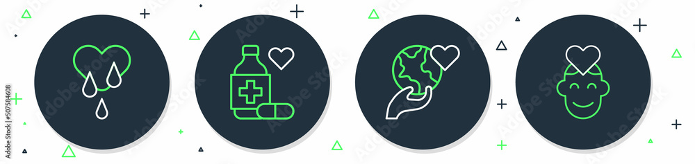 Set line Medicine bottle and pills, Hand holding Earth globe, Blood donation and Volunteer icon. Vector Set line Medicine bottle and pills, Hand holding Earth globe, Blood donation and Volunteer icon. Vector