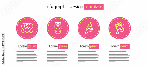 Set line Donation water, Animal volunteer, Male doctor and and charity icon. Vector