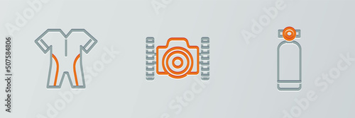 Set line Aqualung, Wetsuit for scuba diving and Photo camera diver icon. Vector