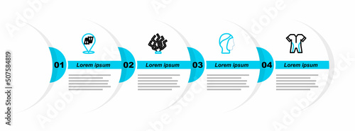 Set line Wetsuit for scuba diving, Diving hood, Coral and Flippers swimming icon. Vector