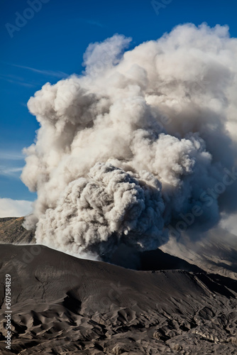 View of Mount Bromo active volcanic eruption Indonesia