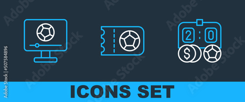 Set line Football betting money, match TV and or soccer ticket icon. Vector