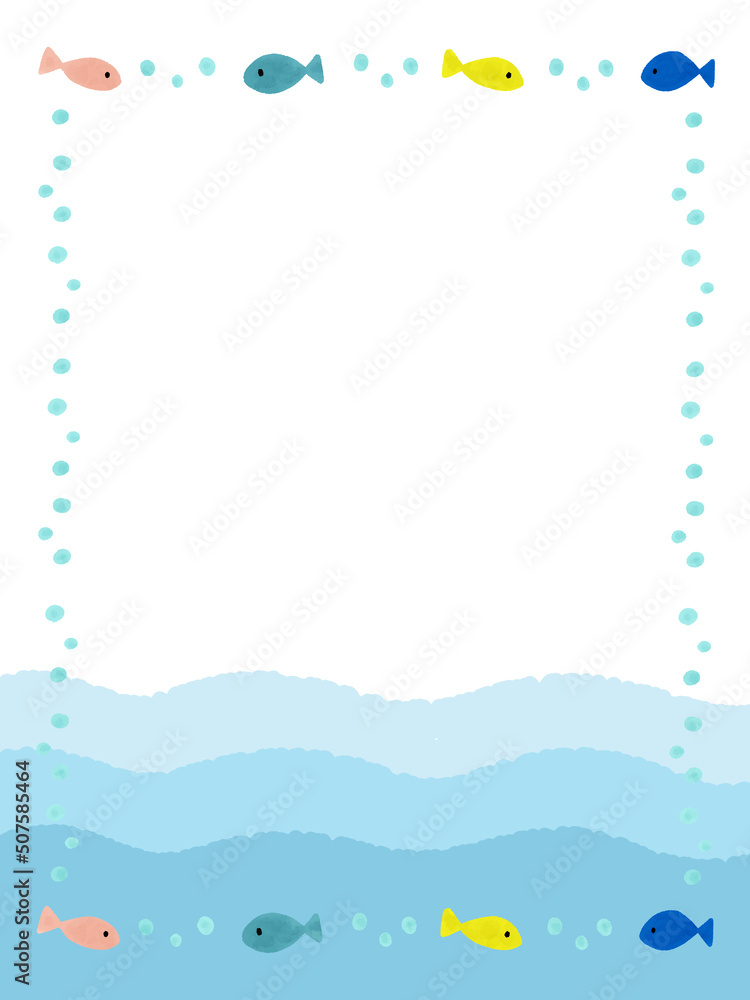 Obraz premium イラスト背景素材：魚と波のフレーム・枠